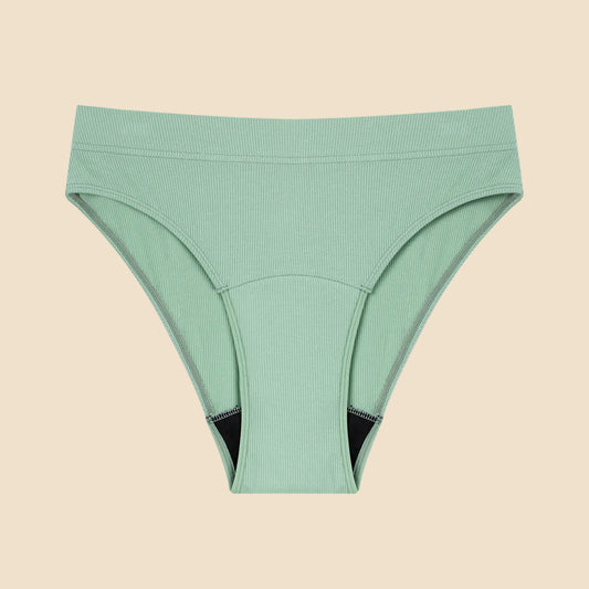 Green ribbed period underwear on a white background
