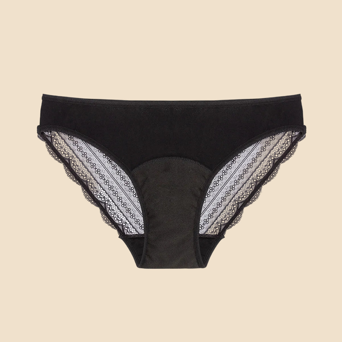 Black women's period underwear with lace trim on a white background