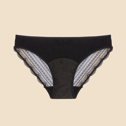 Black women's period underwear with lace trim on a white background