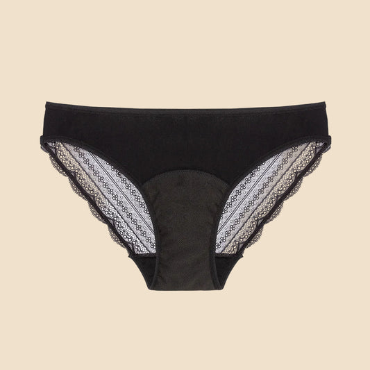 Black women's period underwear with lace trim on a white background