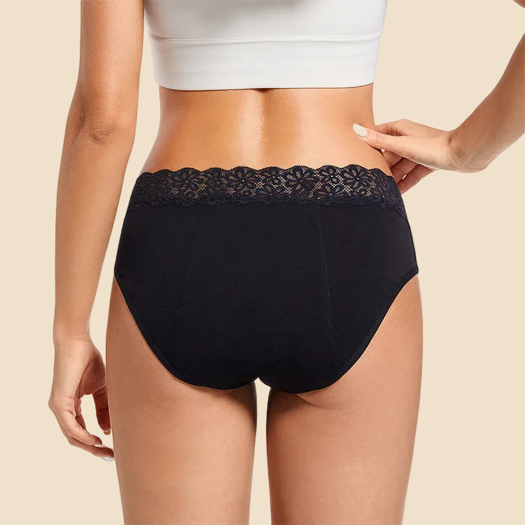 Black high-waisted period underwear with lace trim on a white background