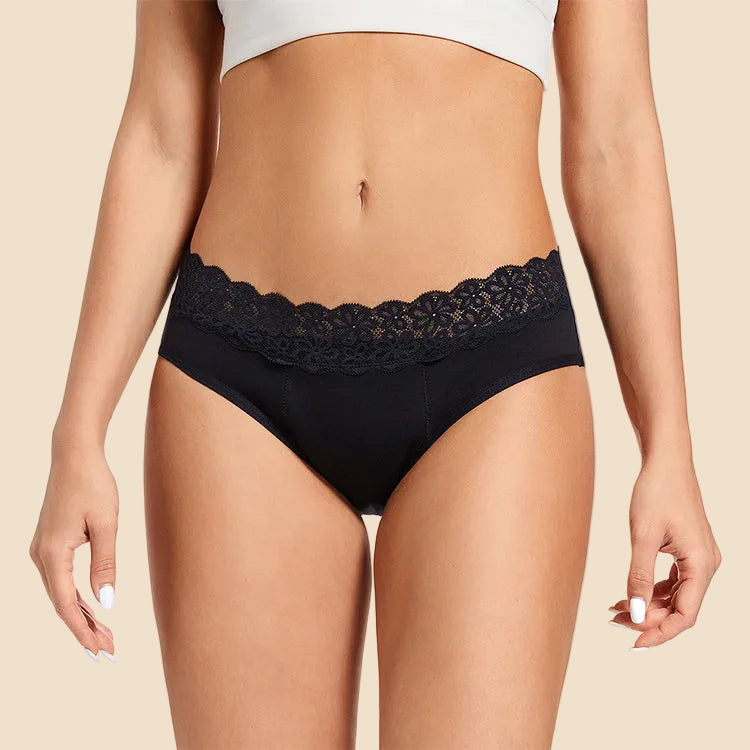 Black lace-trimmed period underwear worn by a person on a white background