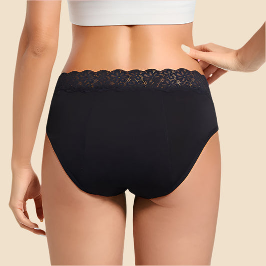 Black period underwear with lace trim being worn